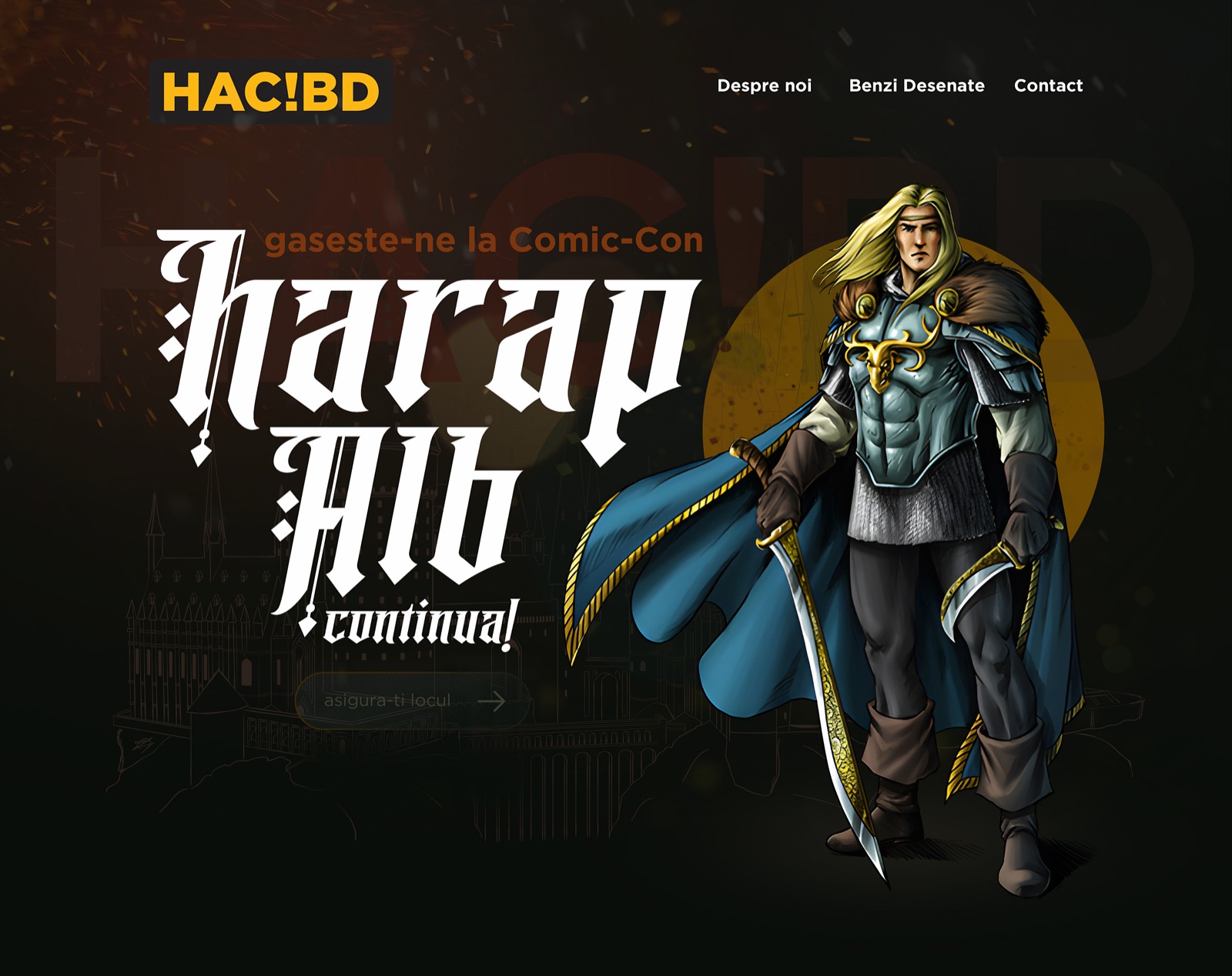 The landing page header: 'gaseste-ne la Comic-Con' above 'Harap Alb continuă!' in gothic lettering, beside the hero in armour and a blue cape.
