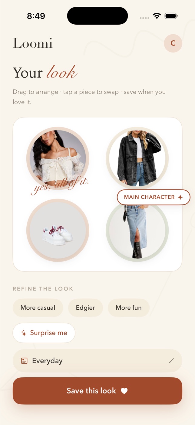 Loomi's look board: four pieces in circular frames to drag and swap, with chips to refine the look and a 'Save this look' button.
