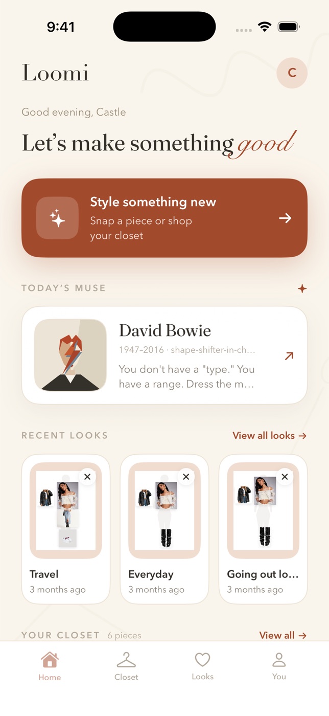 Loomi's home screen: a 'Style something new' prompt, today's muse card featuring David Bowie, and recent looks.