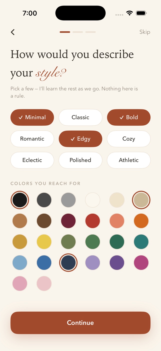 Loomi's style quiz: style chips like Minimal, Bold and Edgy, and a grid of colours you reach for.
