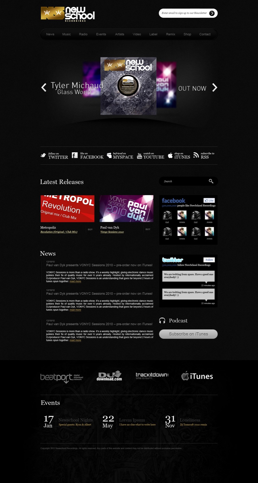 The first New School Recordings homepage, 2010: the gold crown logo, a cover-flow release slider, latest releases, news, Facebook and Twitter boxes and an events strip, all on black.