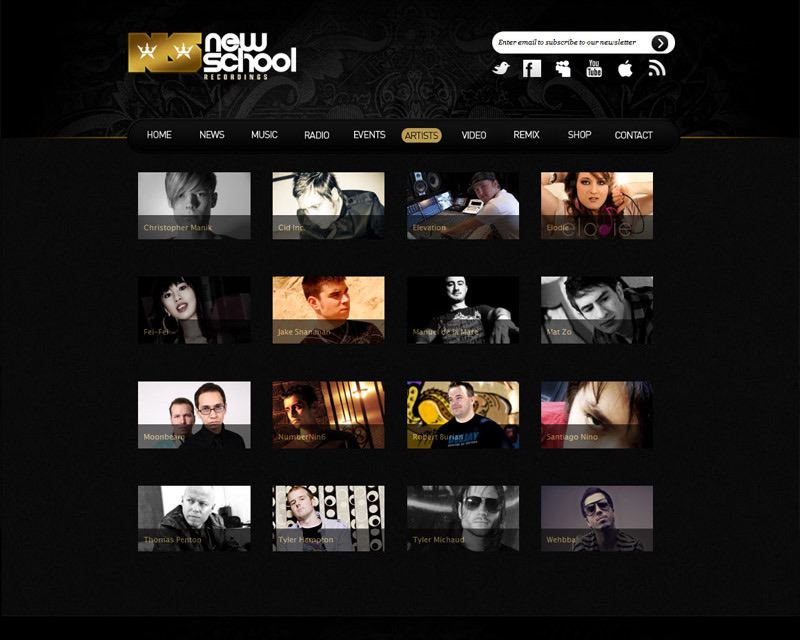 The Artists page: a grid of black-and-white artist portraits under the gold navigation bar.