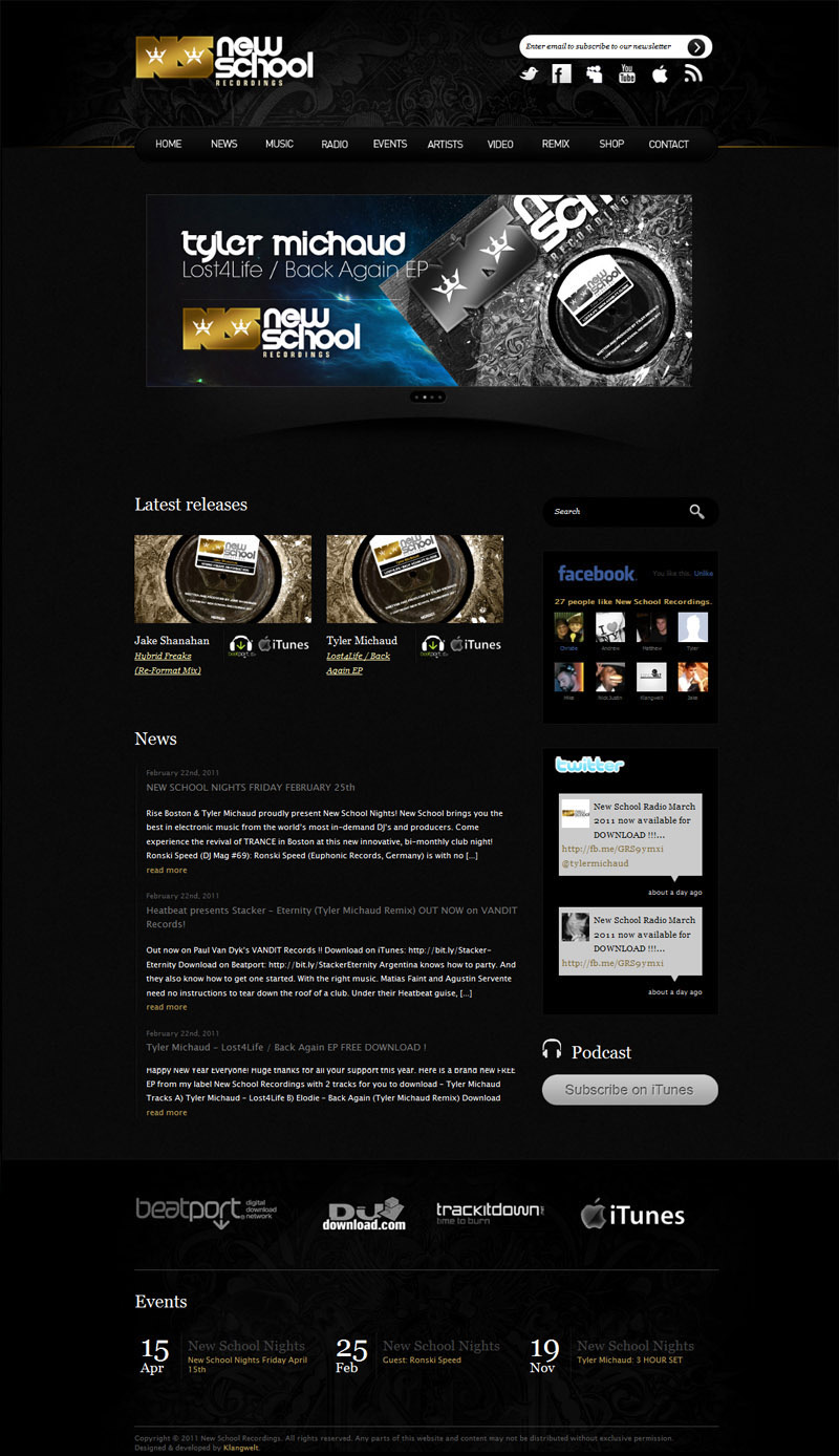 The 2011 homepage: a Tyler Michaud Lost4Life EP banner, latest releases on vinyl artwork, news, social boxes, a podcast button and upcoming New School Nights.