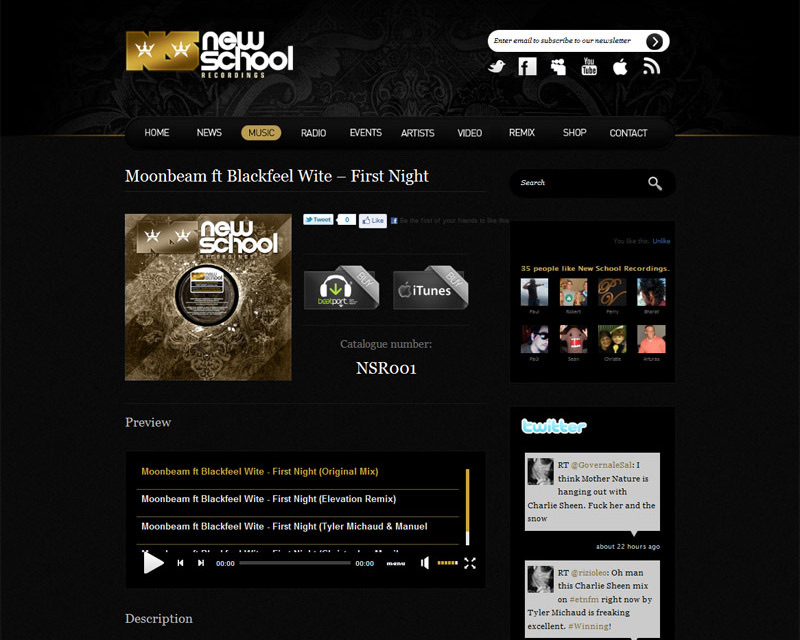 The Music page: a release with its cover, a download button and the custom music player.