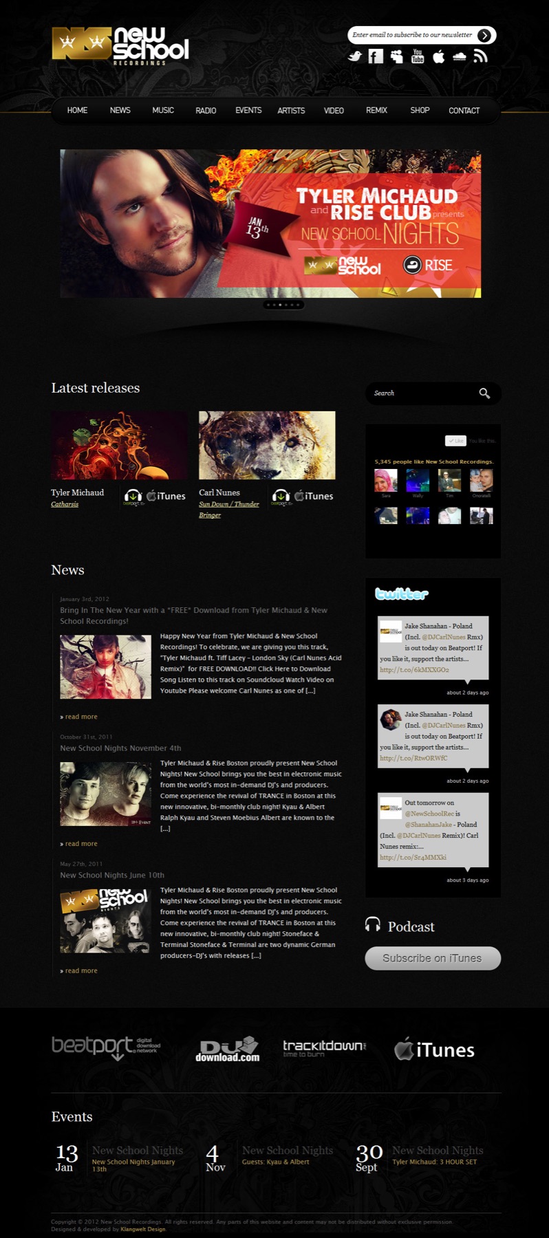 The 2012 homepage: a New School Nights banner for Tyler Michaud at Rise Club, latest releases, news, social boxes, store logos and the events list.