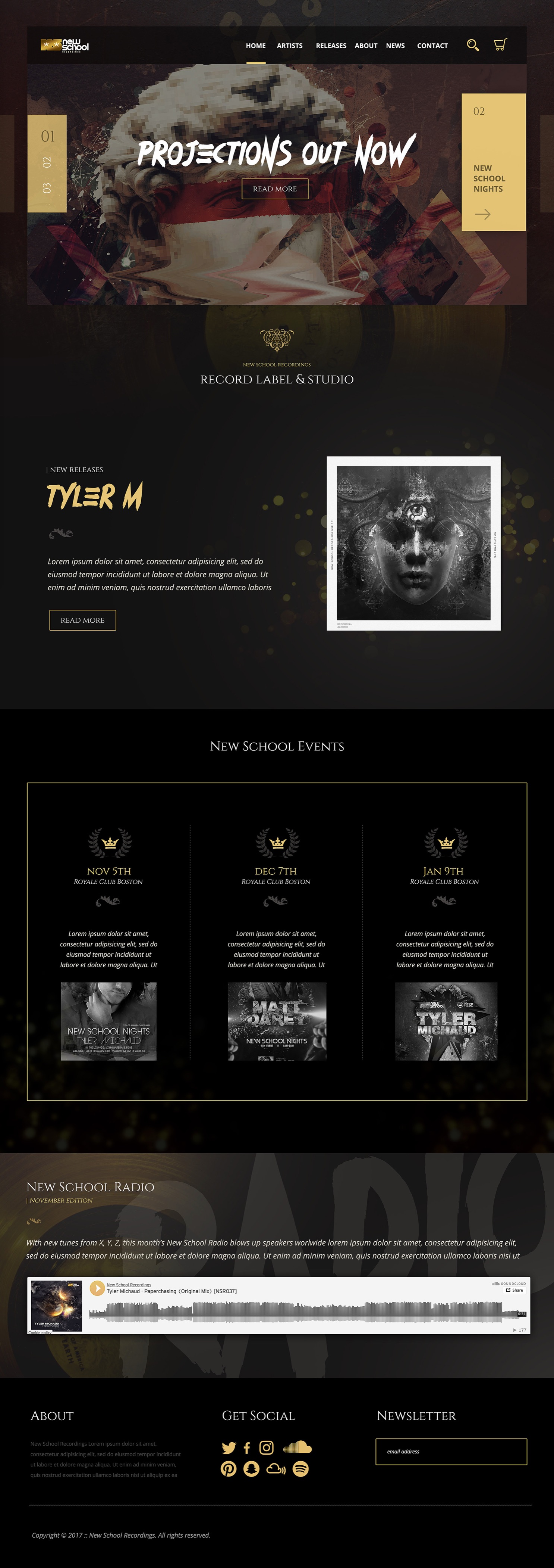 The redesigned New School Recordings homepage: a full-width release slider, new releases with cover art, a New School Events panel with three dates at Royale Club Boston, New School Radio with an embedded player, and a footer with social links and newsletter sign-up.