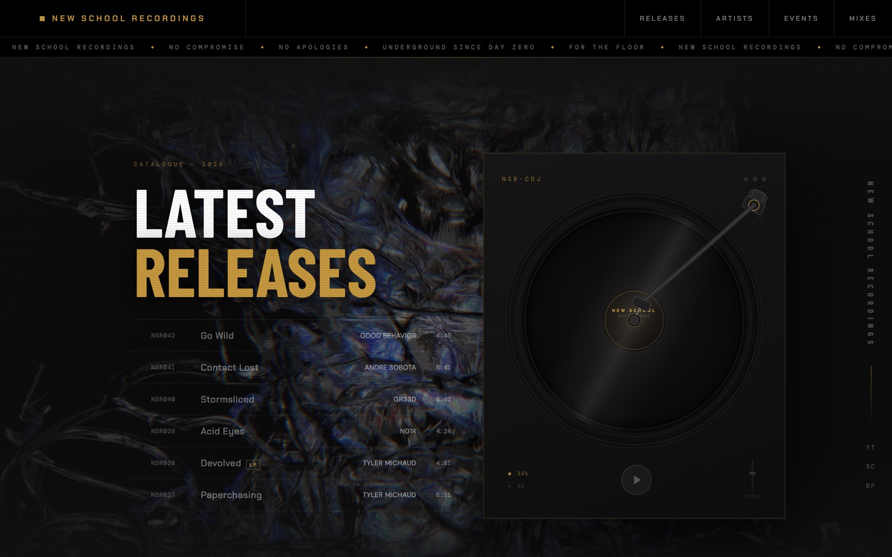The 2026 New School Recordings homepage: gold condensed 'Latest releases' type, a numbered release list and a turntable player, over a dark textured image.