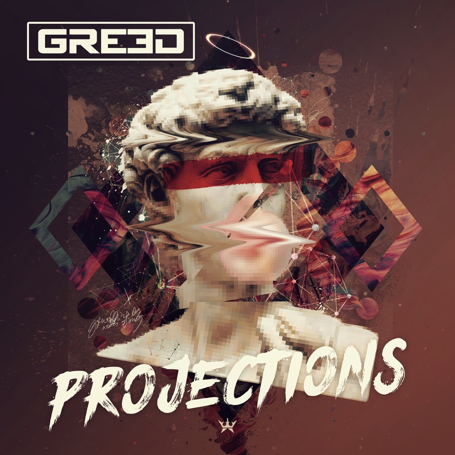 Cover for GR33D, Projections: a pixel-glitched classical bust with a red band across the eyes.