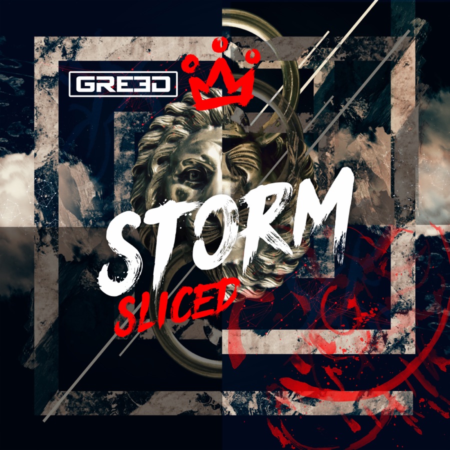 Cover for GR33D, Storm Sliced: a classical bust behind torn red and black frames.