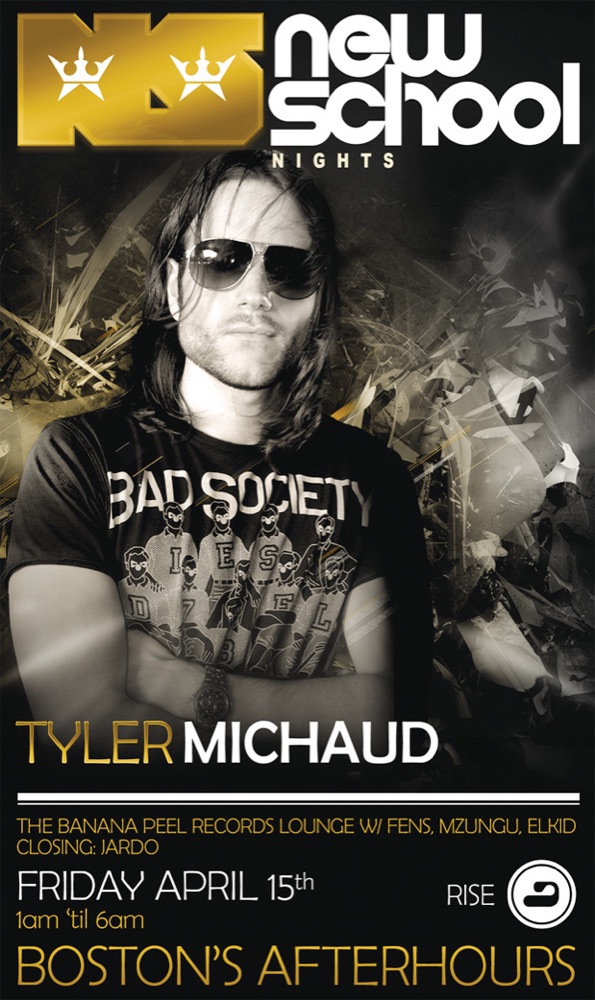 New School Nights poster for Friday April 15th at Boston's Afterhours: Tyler Michaud in sunglasses under the gold New School Nights logo.