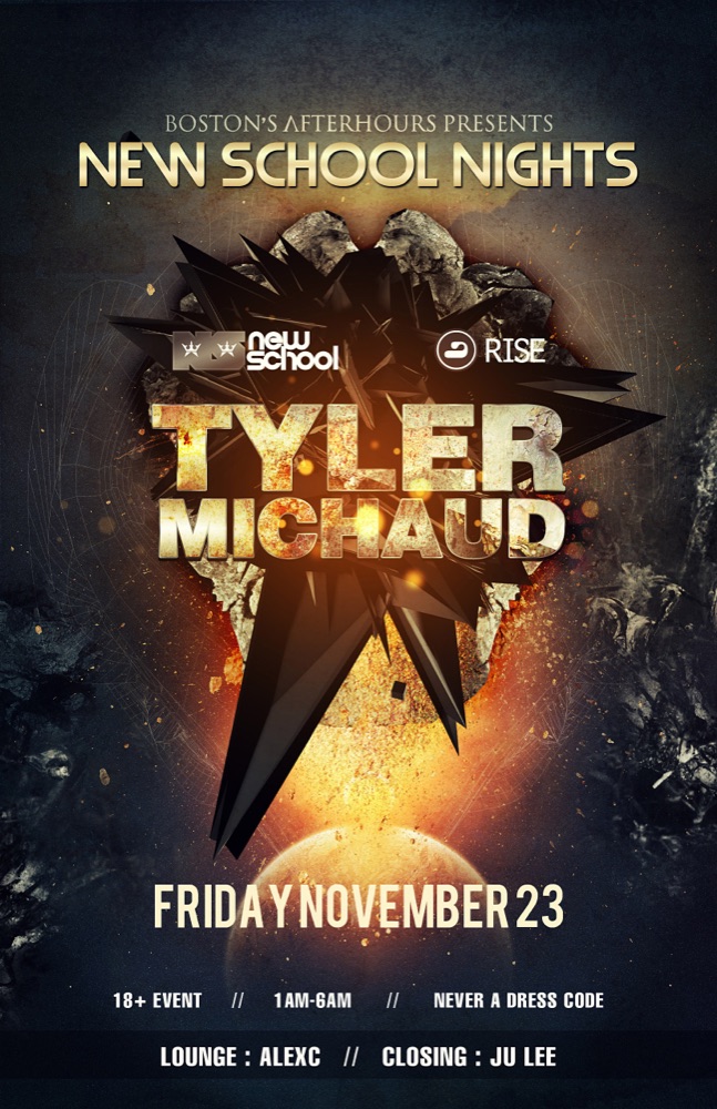 New School Nights poster for Friday November 23: Tyler Michaud in gold letters over a shattered black star.