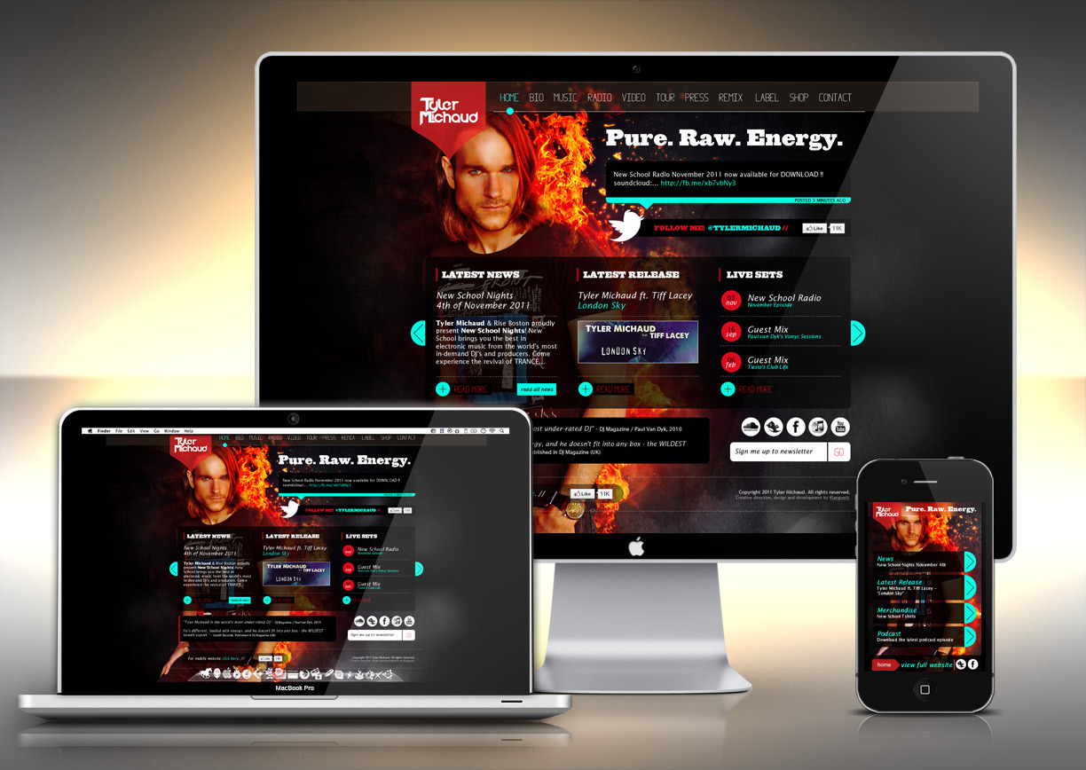 Tyler Michaud's artist website shown on a desktop monitor, a laptop and a phone: red and black, with the headline Pure. Raw. Energy.