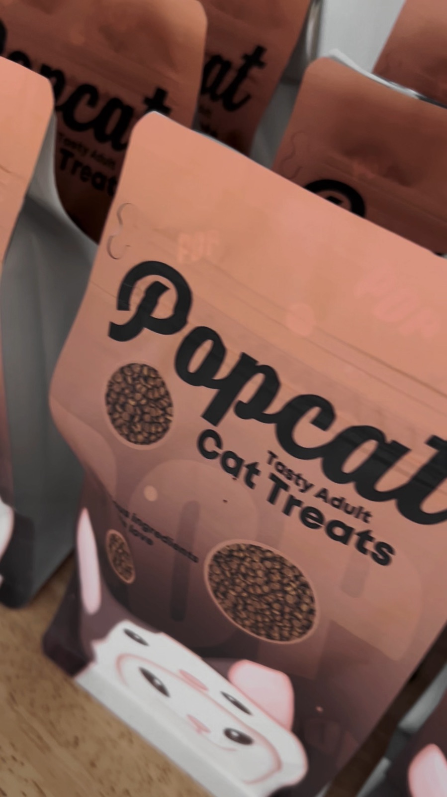 Rows of finished, sealed Popcat bags standing together.