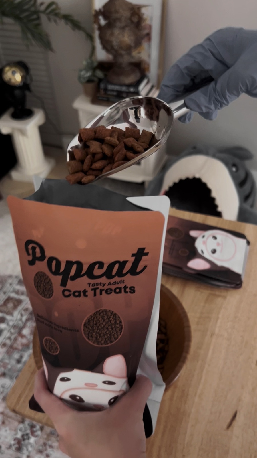 A gloved hand pouring treats from a steel scoop into a printed Popcat bag.