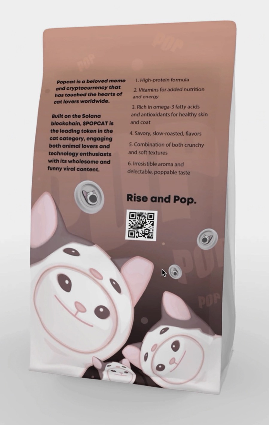 3D mock-up of the back of the bag: the Popcat story, a numbered list of what's in the treats, a QR code with Rise and Pop, and three cats peeking up.