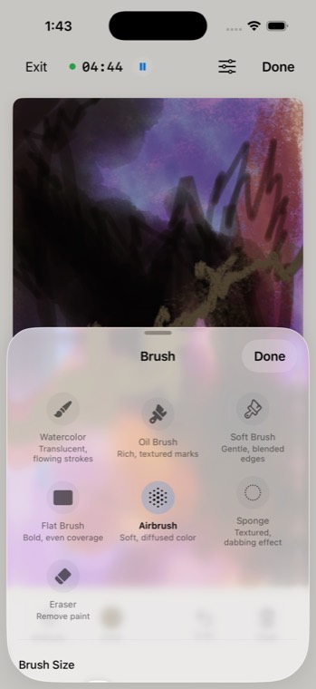 The painting room's brush picker, open over a painting in progress. Each brush is listed with a short description of what it does: translucent flowing strokes, rich textured marks, gentle blended edges, bold even coverage, soft diffused colour, a textured dabbing effect.