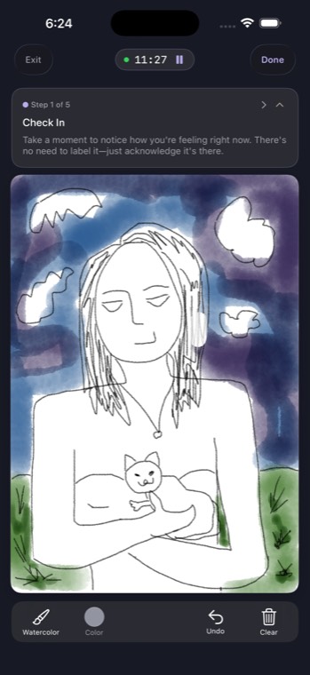 A drawing session in the app, showing a figure holding a cat over a watercolour sky, with a guidance banner above and a small toolbar below.
