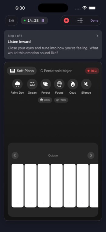 The music room, a dark stage with a scale-locked keyboard, ambient layer controls and a recording indicator.